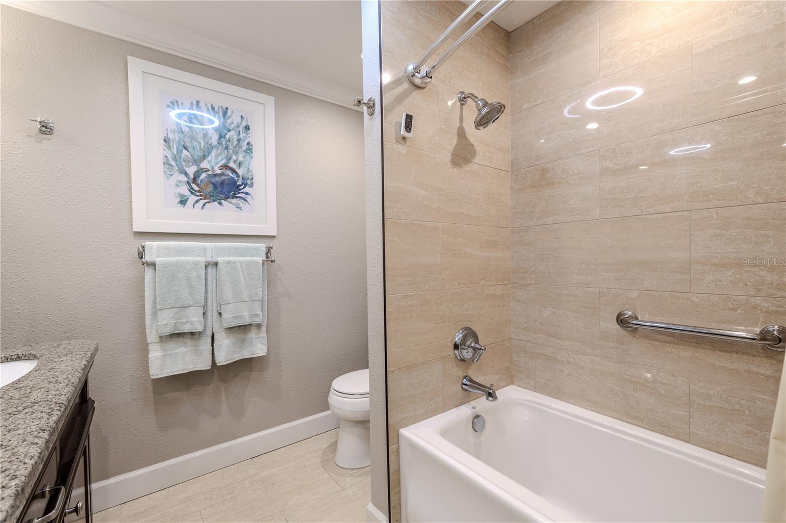 The second bathroom offers a light and inviting design with a large format tiled tub/shower combination, separate toilet closet, granite vanity countertop, updated fixtures, crown molding, and coordinated finishes that create a clean, spa-like feel.
