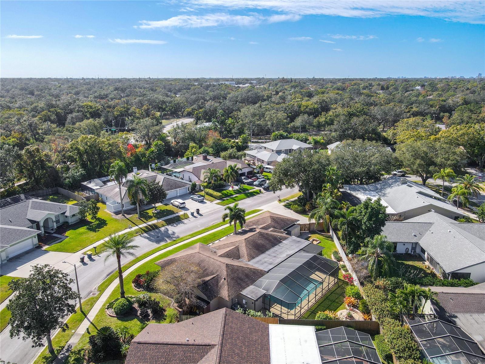 A sweeping west-facing aerial view showcases the home’s tranquil residential setting, with mature tree canopy stretching toward the horizon, quiet curved streets, and a lush neighborhood backdrop that enhances privacy and sunset ambiance.