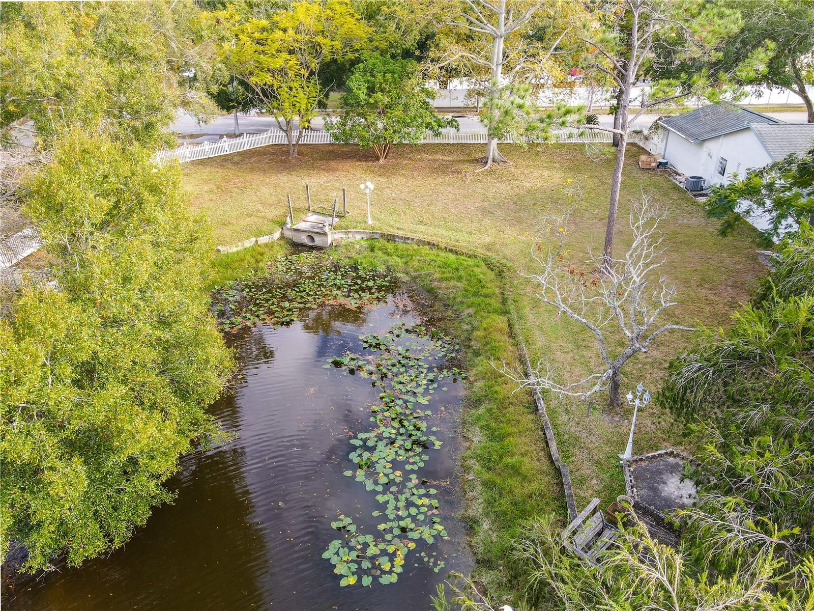 Another scenic view of the pond and spacious side yard, framed by mature trees and lush greenery with a fenced backdrop for added privacy.