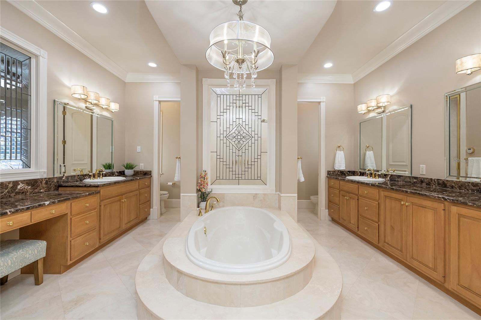 Elegant primary suite bathroom with steam shower, two water closets (one with a bidet) and a grand easily accessed tub.