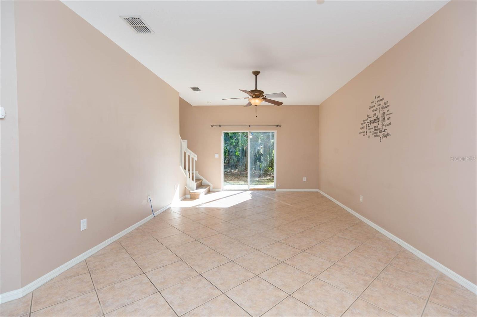 Large Great Room with tile laid on the diagonal