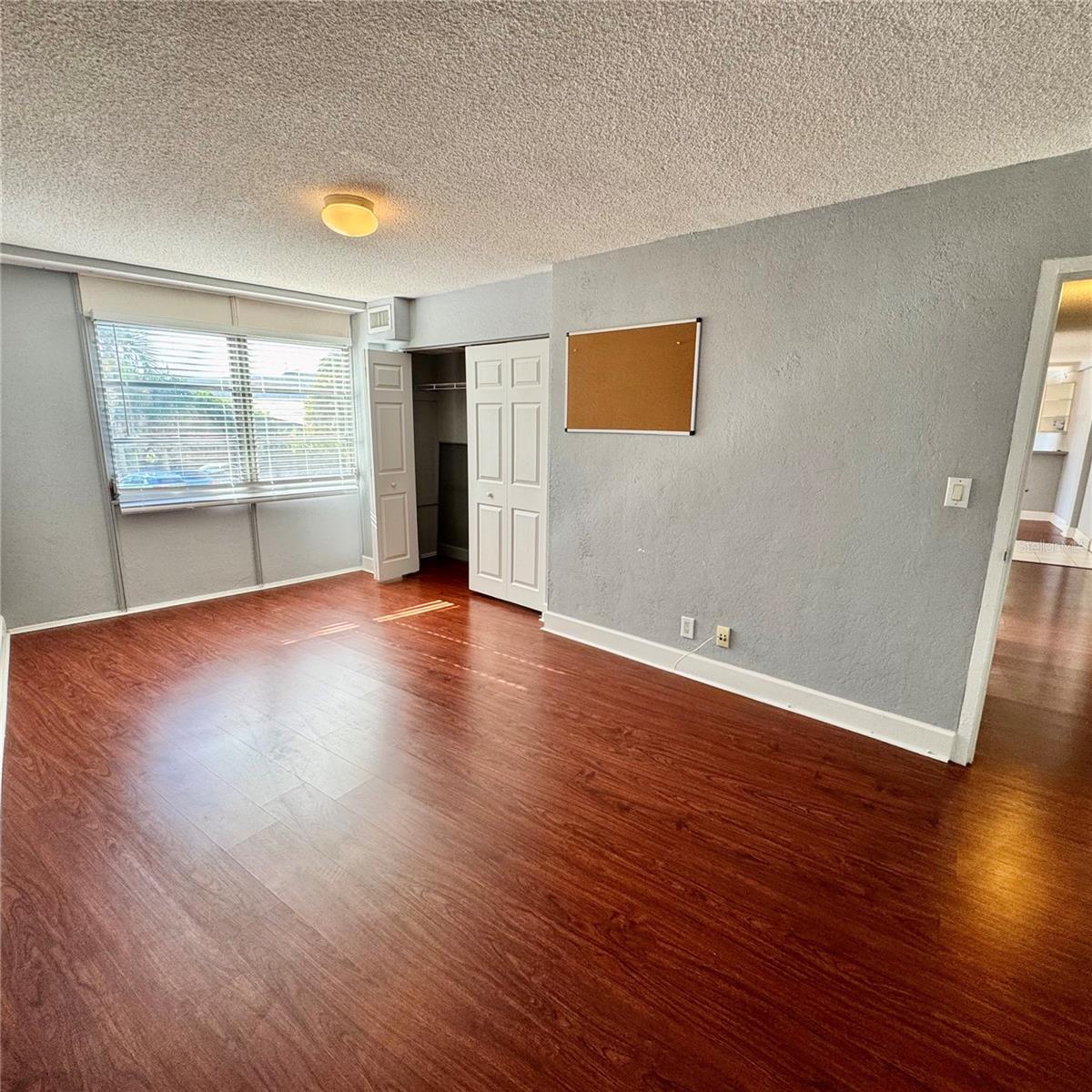 Primary bedroom with lots of natural light, gleaming laminate floors, and a large closet
