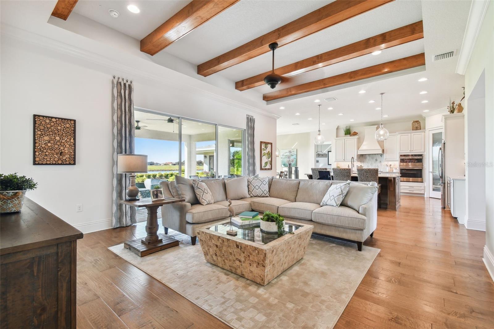 Great Room with Beams open to Kitchen!