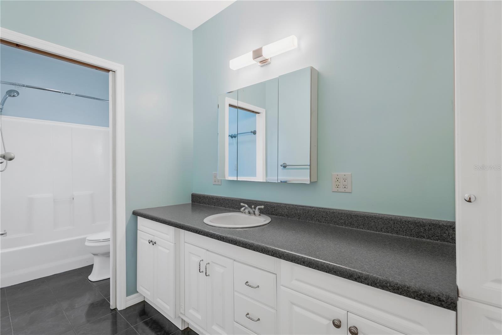 The main bathroom on the first floor has a large vanity with plenty of storage and the toilet and bath/shower combination are separated by a pocket door for aded privacy.