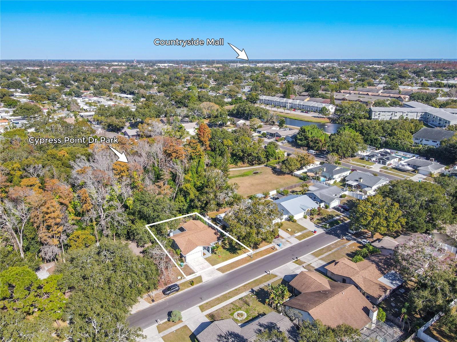 Aerial location view shows the home’s outlined lot tucked beside the lush Cypress Point Dr Park greenbelt, with convenient proximity to Countryside Mall and surrounding Tampa Bay amenities.