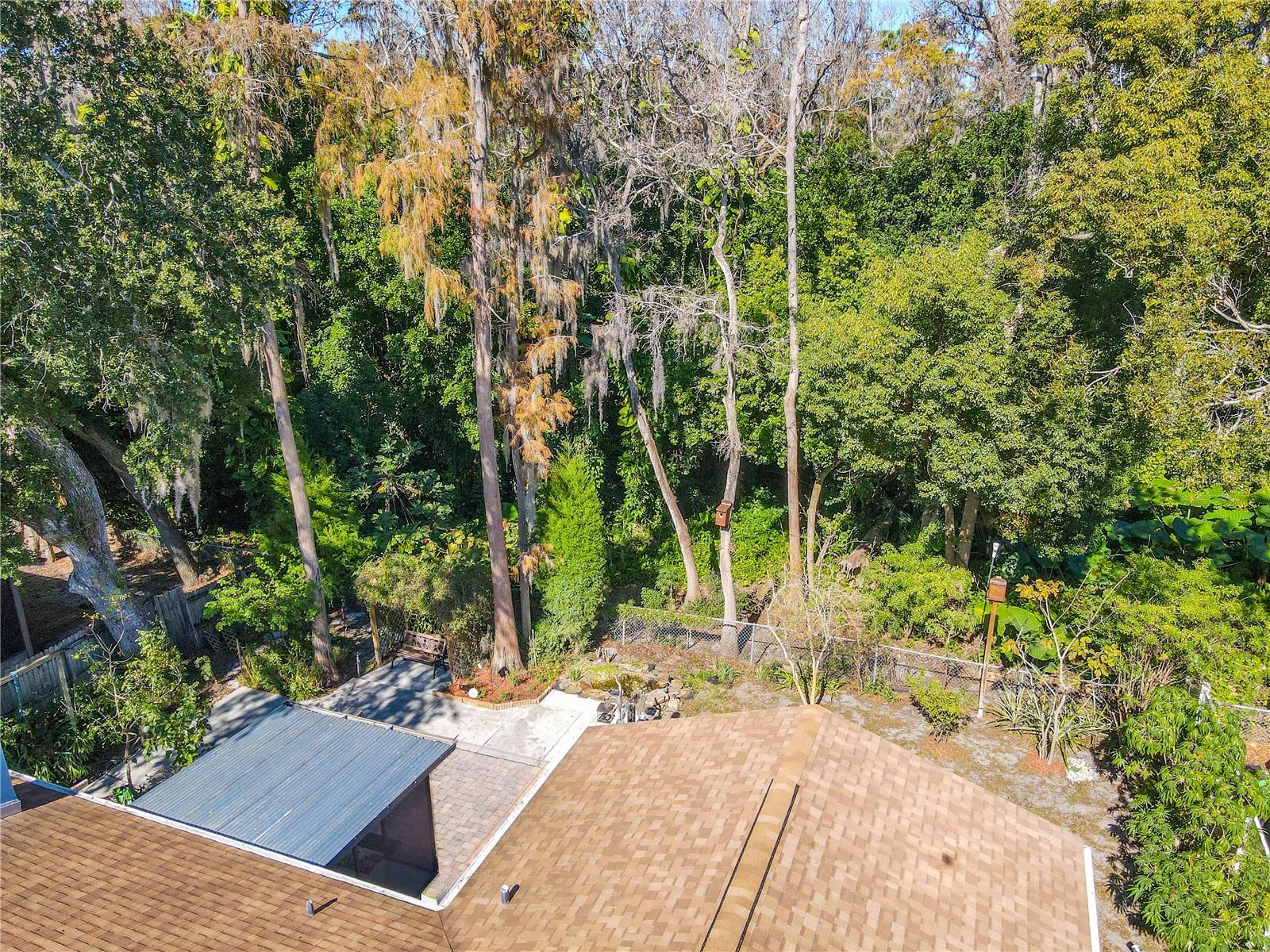 Additional front facing aerial view of tranquil backyard sanctuary bordered by a lush preserve, featuring towering mature trees, a charming vine-covered arbor with seating, and a peaceful garden setting perfect for relaxing in nature.