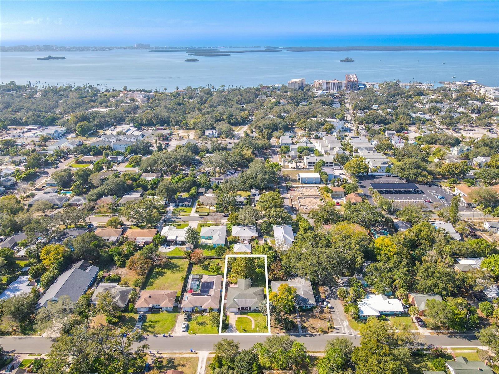Additional overhead aerial view outlining the full property, showcasing the home’s footprint, driveway and front walkway, and a deep backyard shaded by mature trees for added privacy.