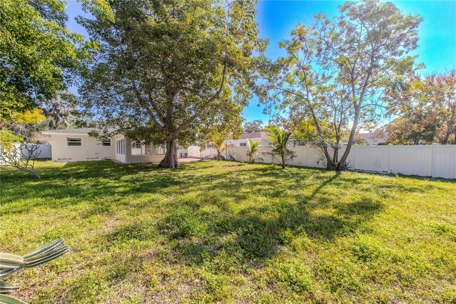 Additional view of the spacious fenced backyard with mature shade trees and plenty of open green space—perfect for outdoor entertaining, pets, or a future garden oasis.