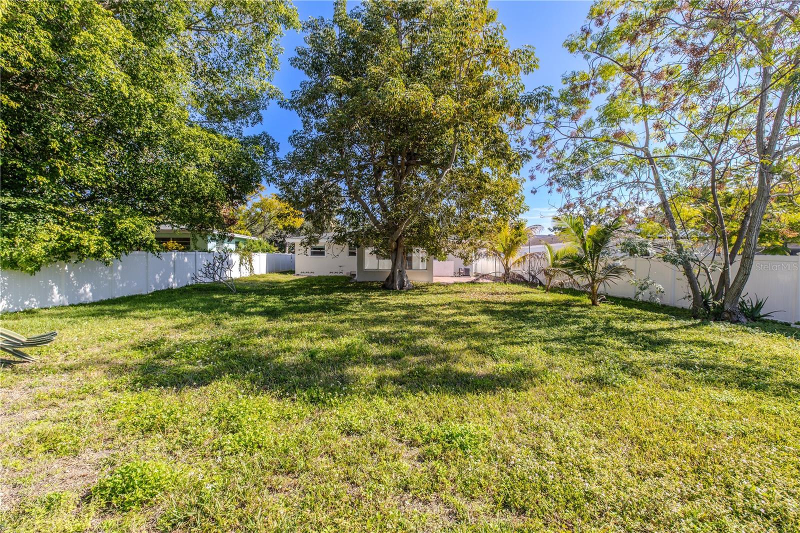 Additional view of the spacious fenced backyard with mature shade trees and plenty of open green space—perfect for outdoor entertaining, pets, or a future garden oasis.