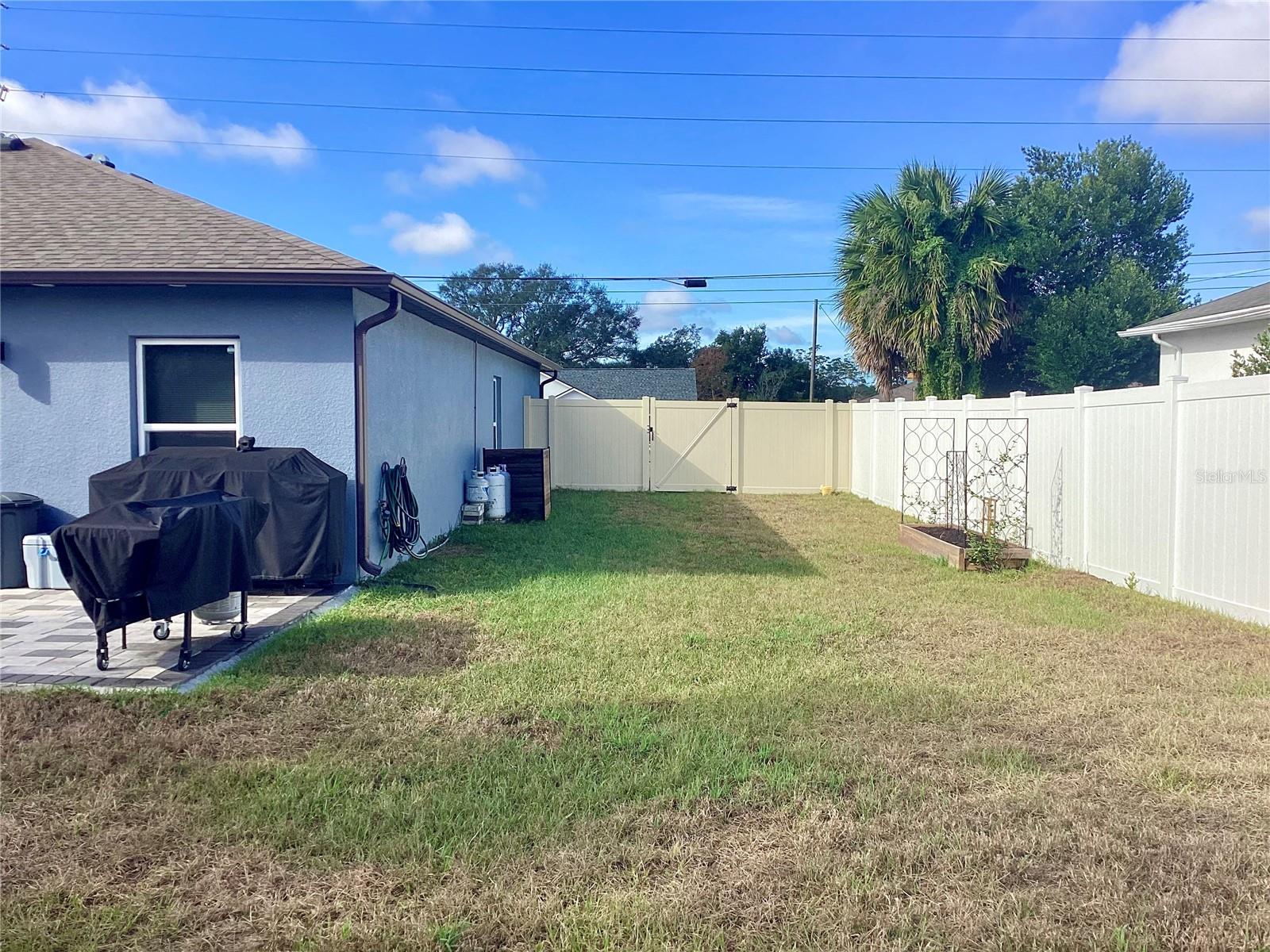 North side yard with entry gates.