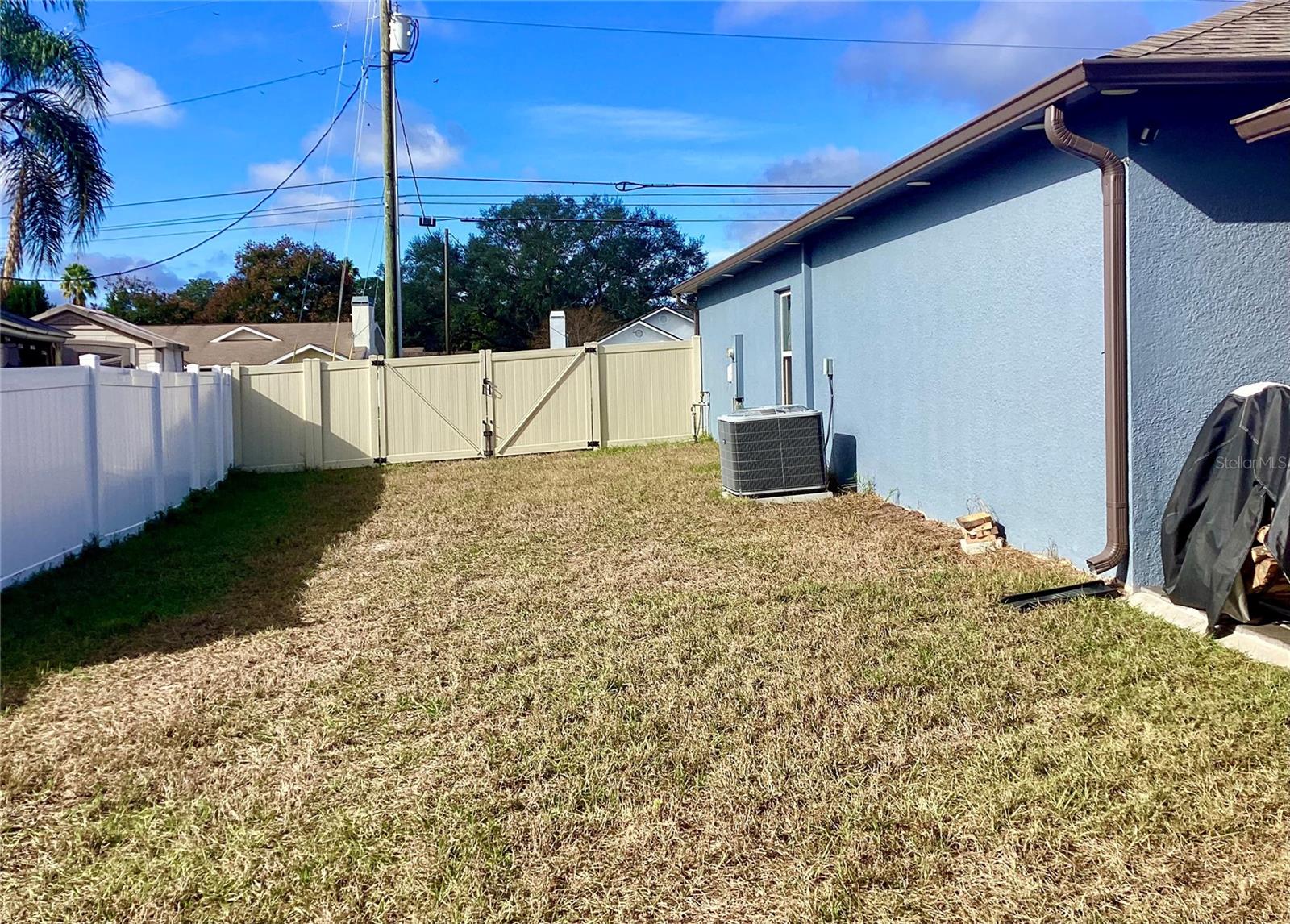 South side yard with entry gates.