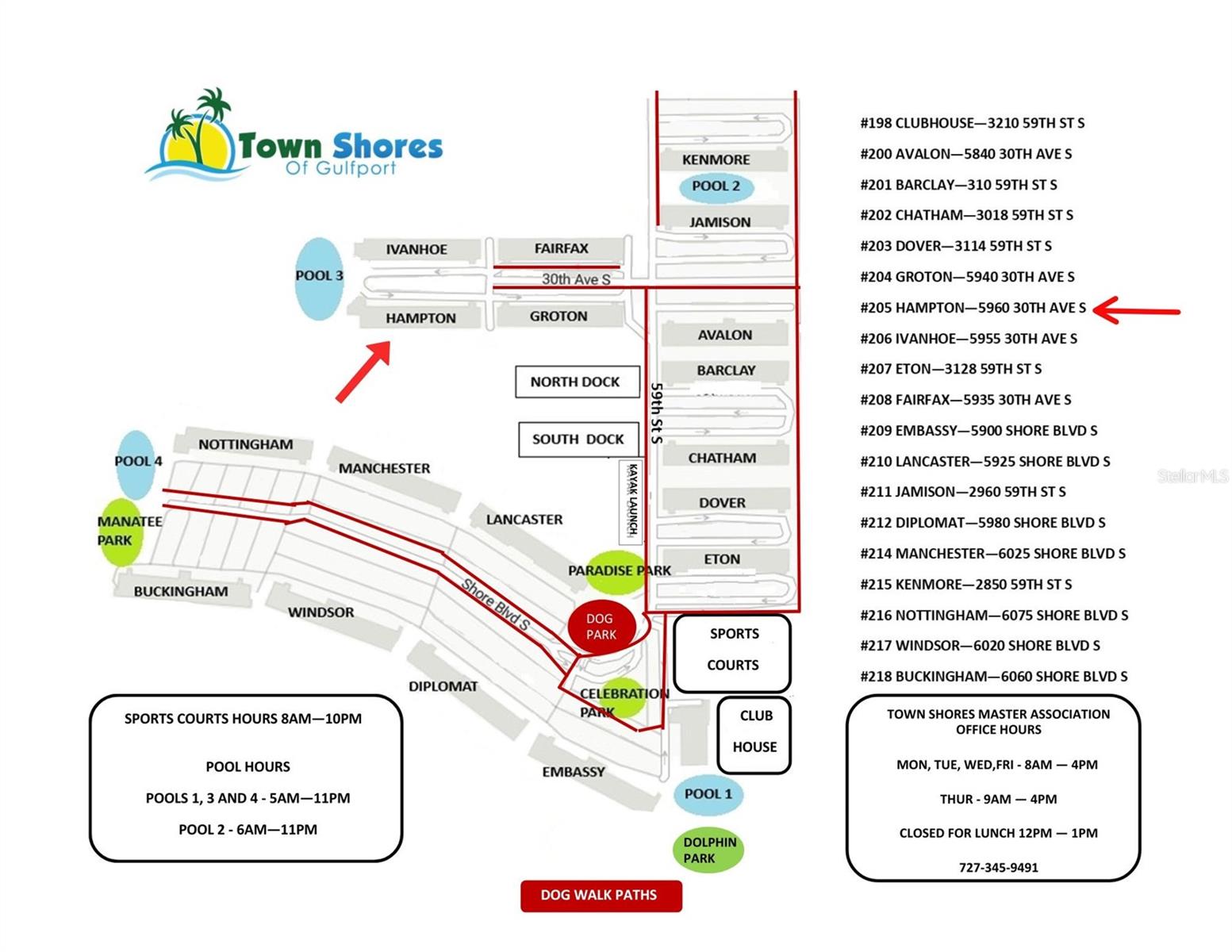 Town Shores Community Map & Hampton Bldg (unit #411).