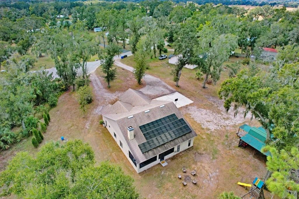 Ariel view of back yard, cul-de-sac and barn