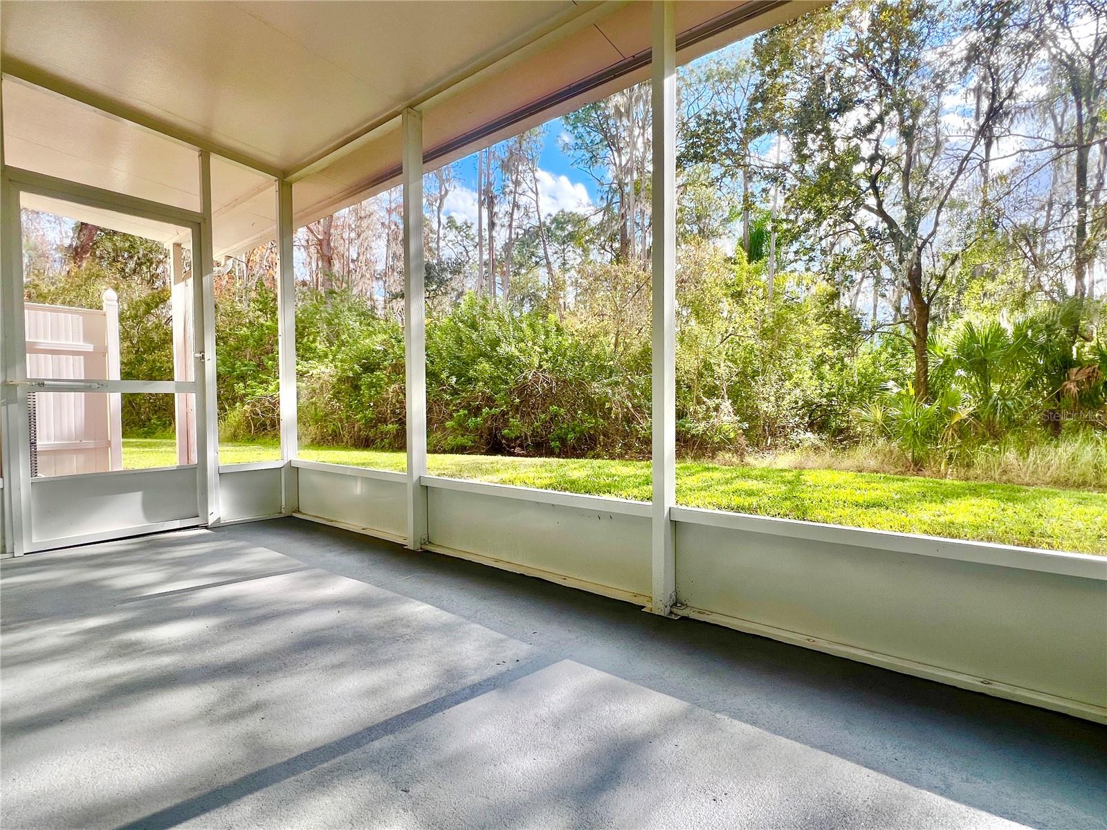 The screened-in back porch is covered and has a beautiful view of conservation.  The 12" kick plate protects the lower part of the screen, and the floor was painted in Oct 2025. Keep your eyes open for bunnies!