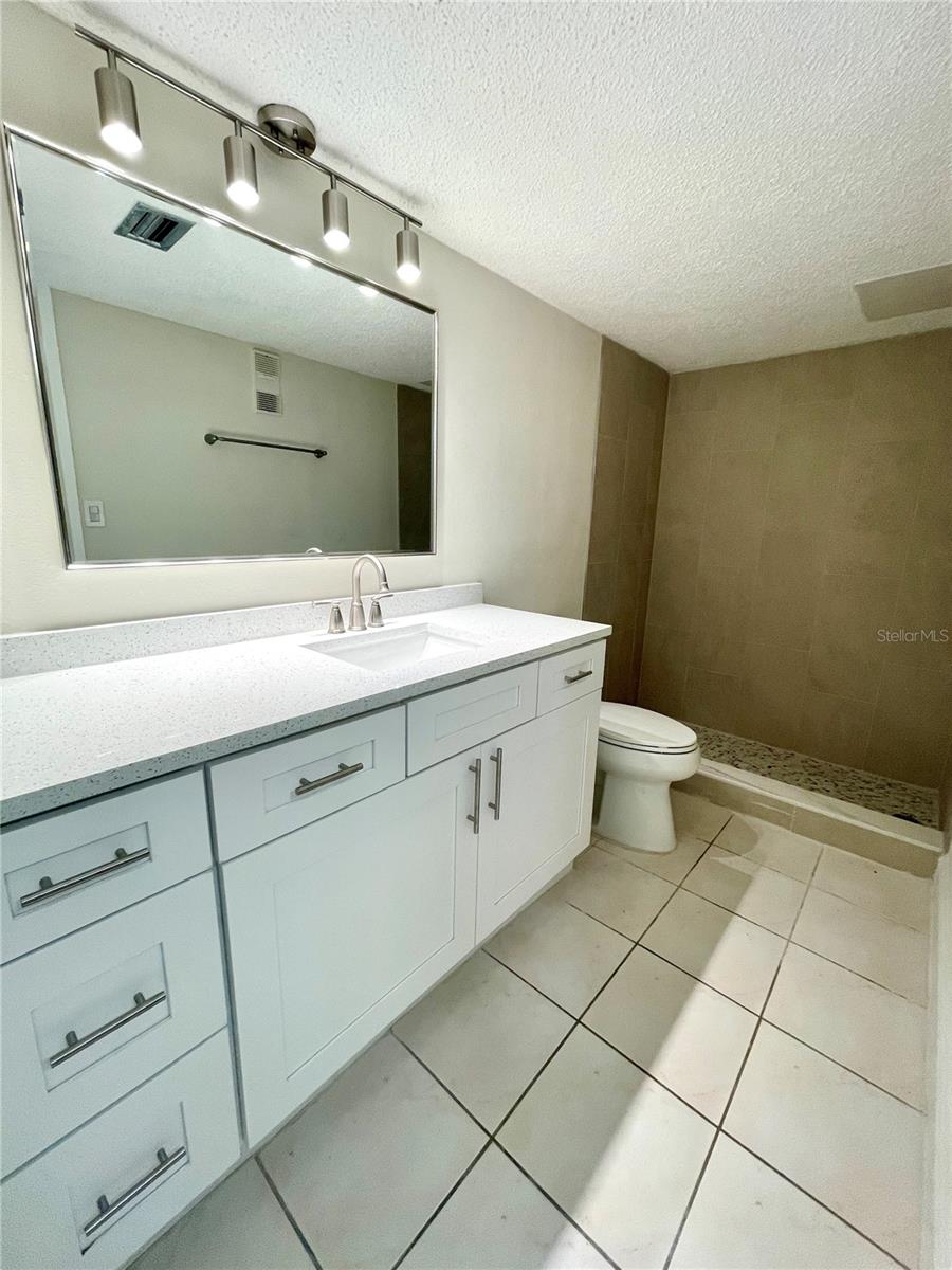 Spacious hallway bath is all brand new! Check out that big walk in shower! New brush metal and glass shower doors soon to be installed!