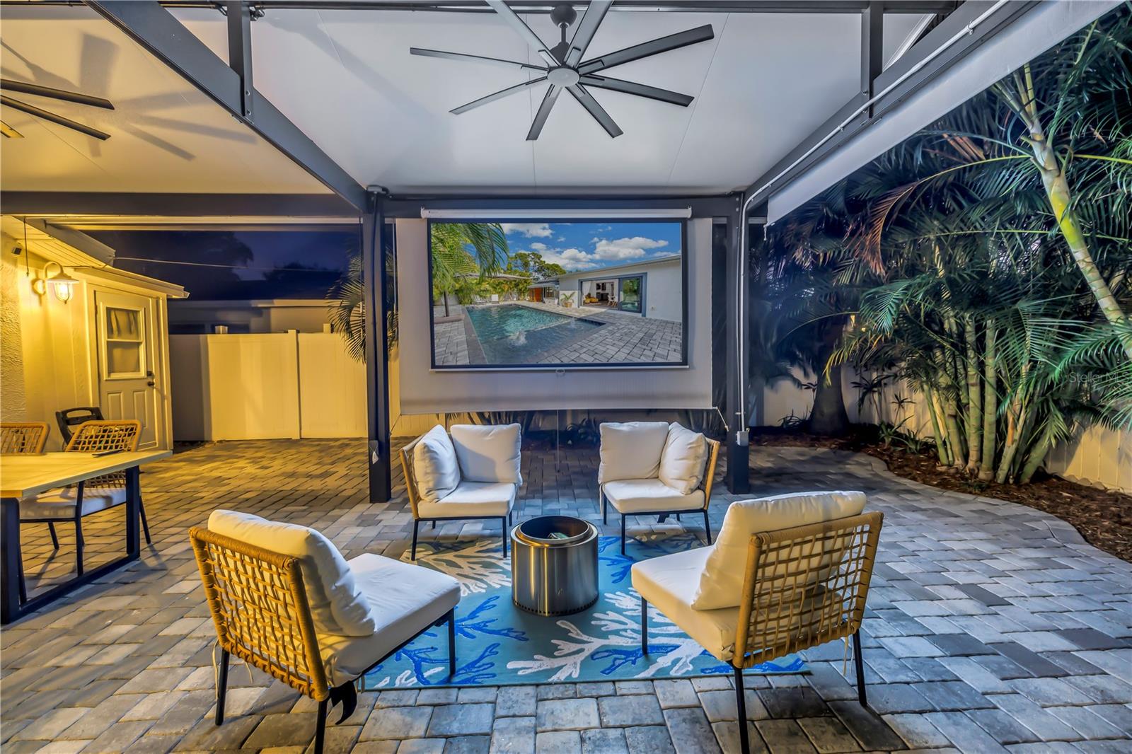 Covered patio with projector and screen