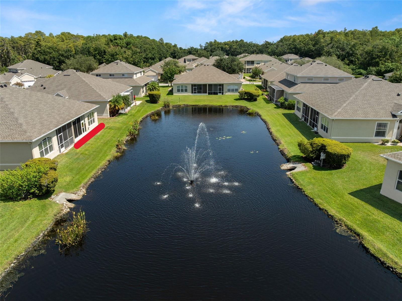 Aerial view of pond. Red line is at the subject property