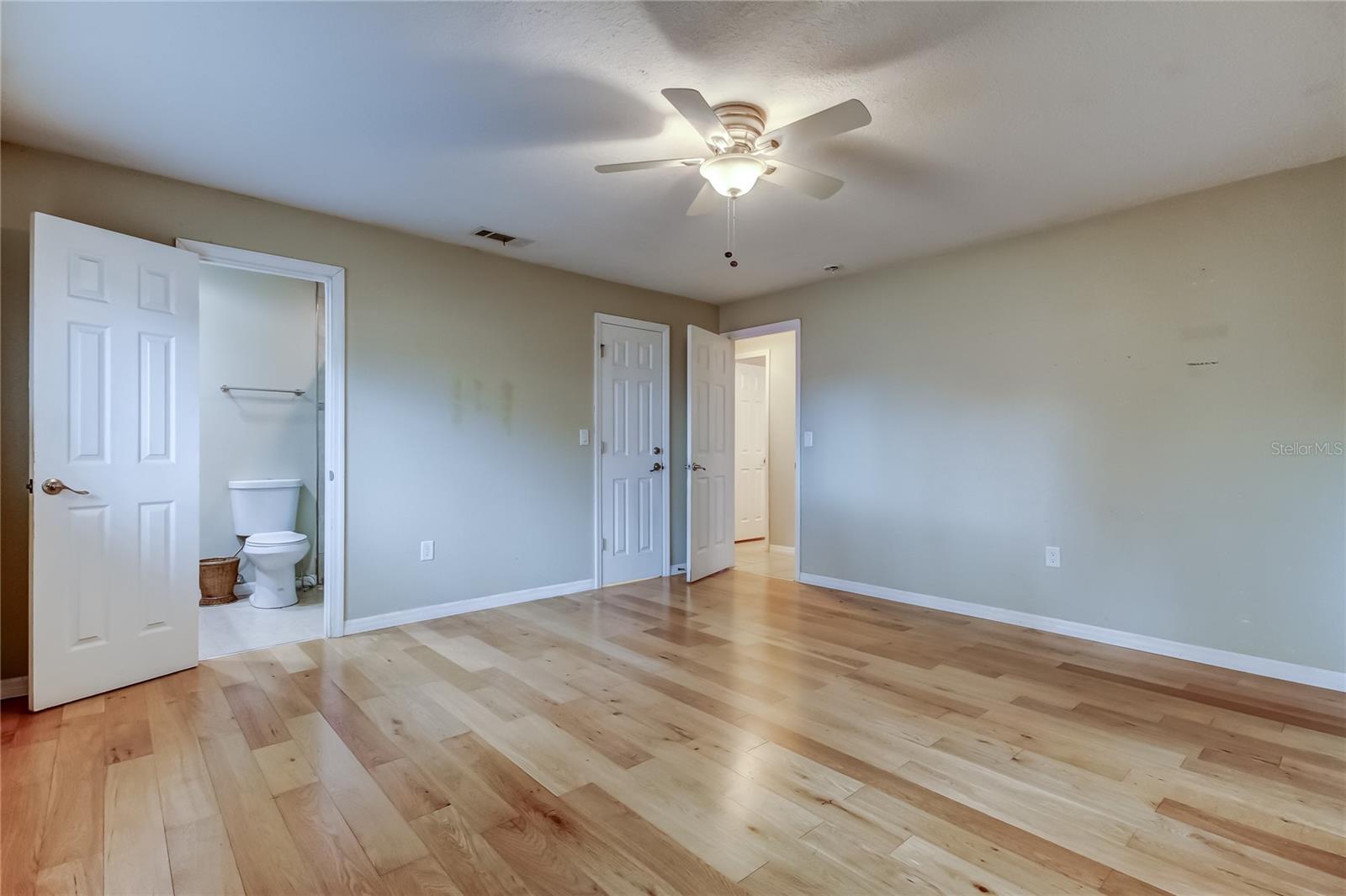 Primary Bedroom looking towards Primary Bathroom, walk in closet and hall way.