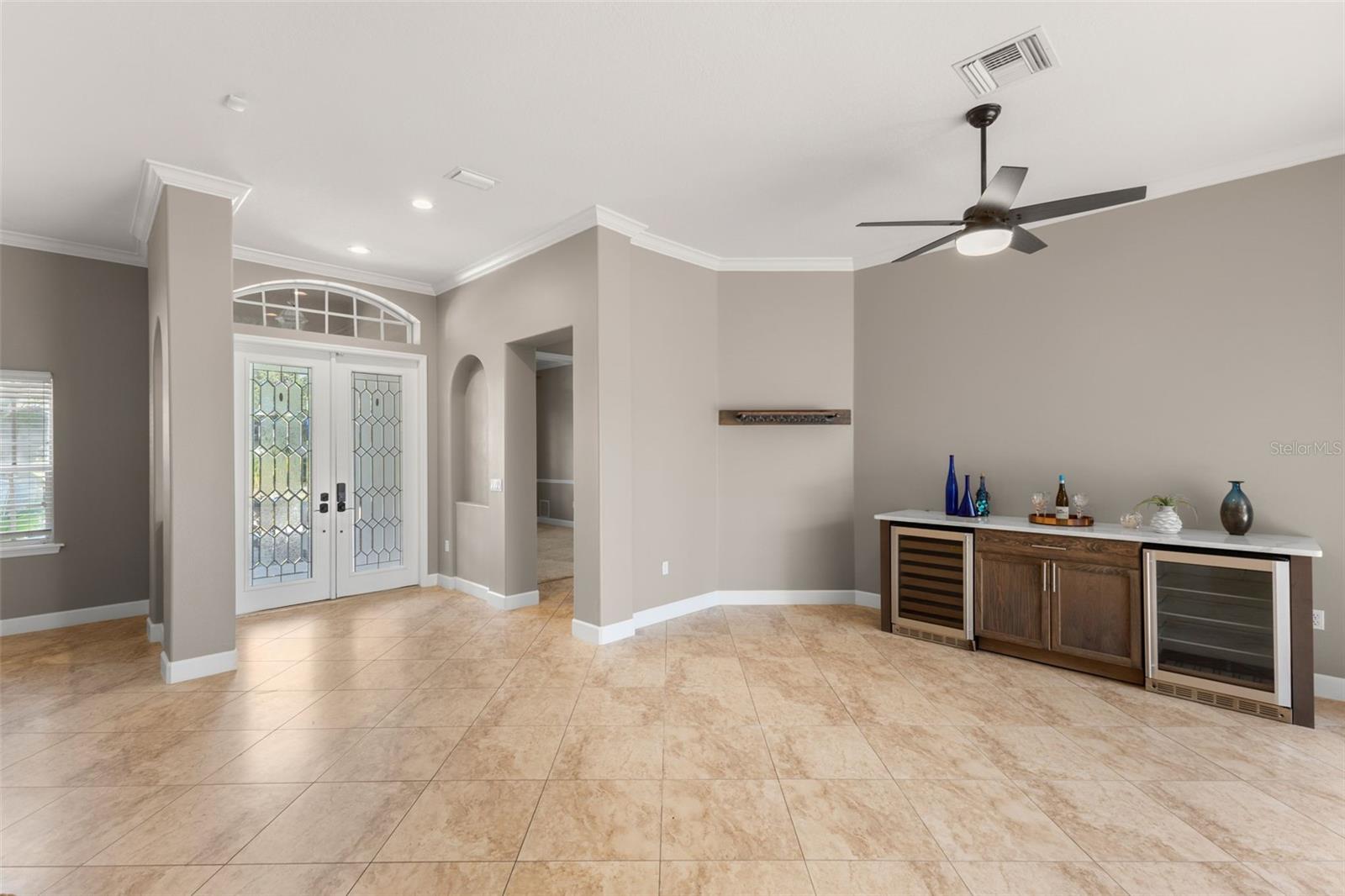 Wine refrigerator and bar in living room