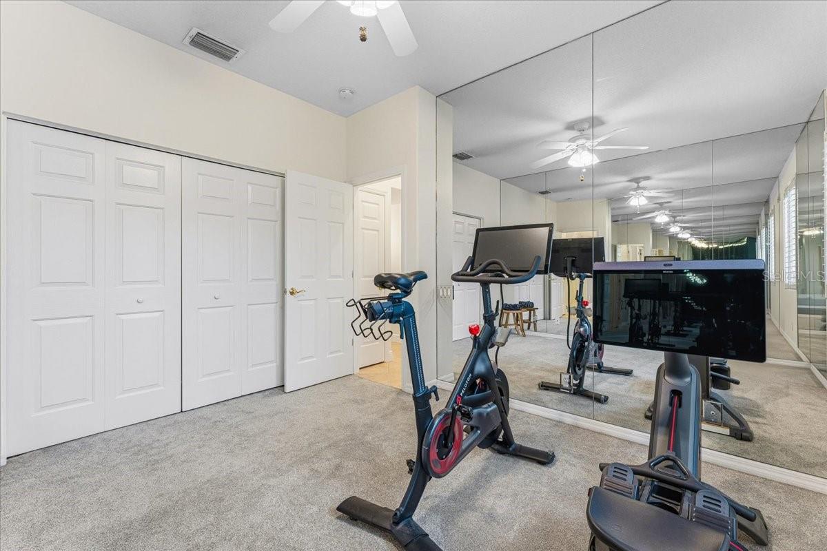 Bedroom #4 with floor to ceiling mirrors and ceiling fan