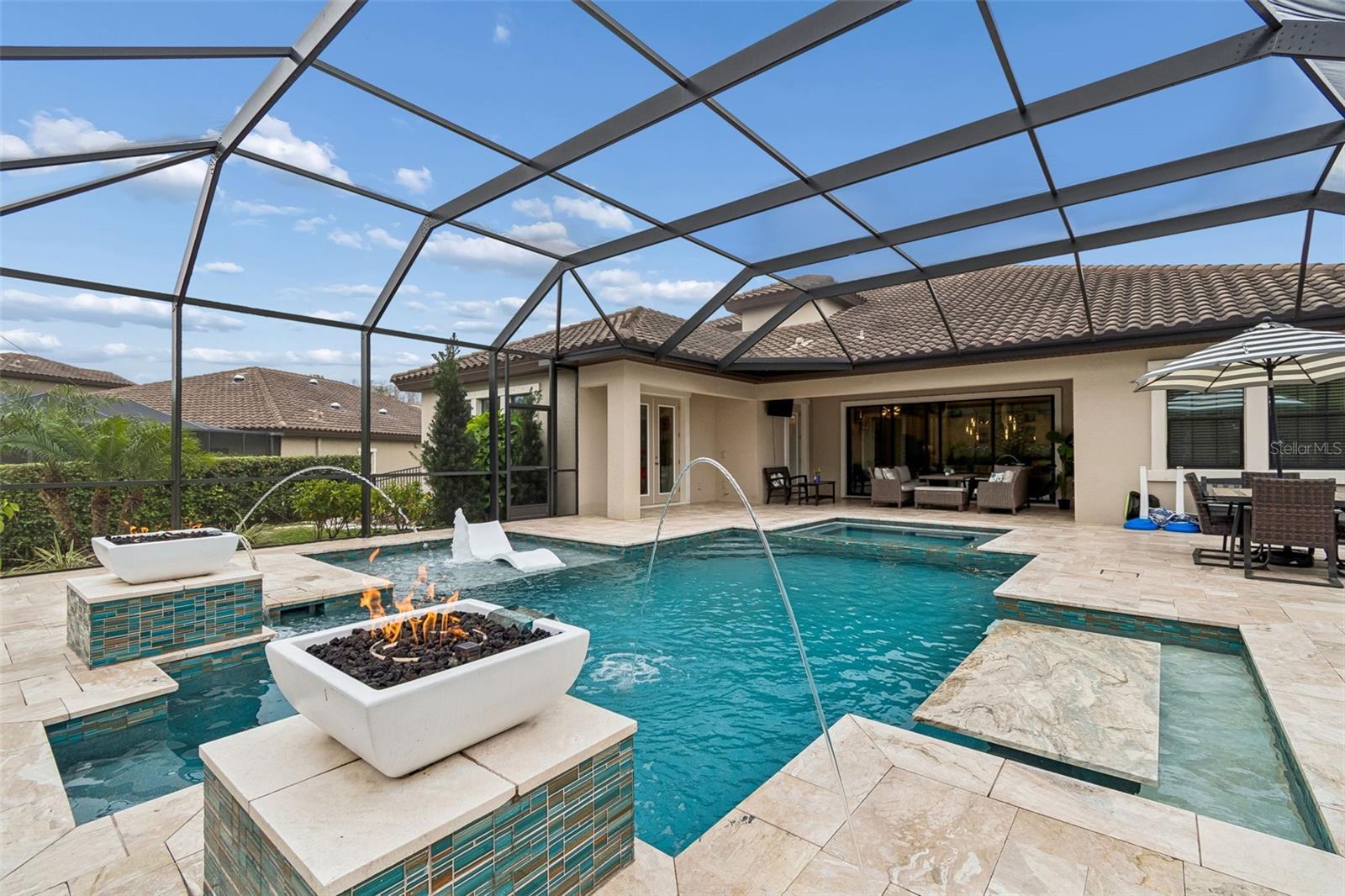 EXQUISITE POOL W/DUAL FIRE BOWLS, LED JETS, BUBBLER, WATERFALLS