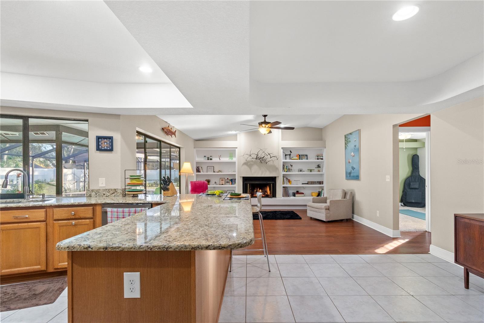 The family room and kitchen work well for entertaining.