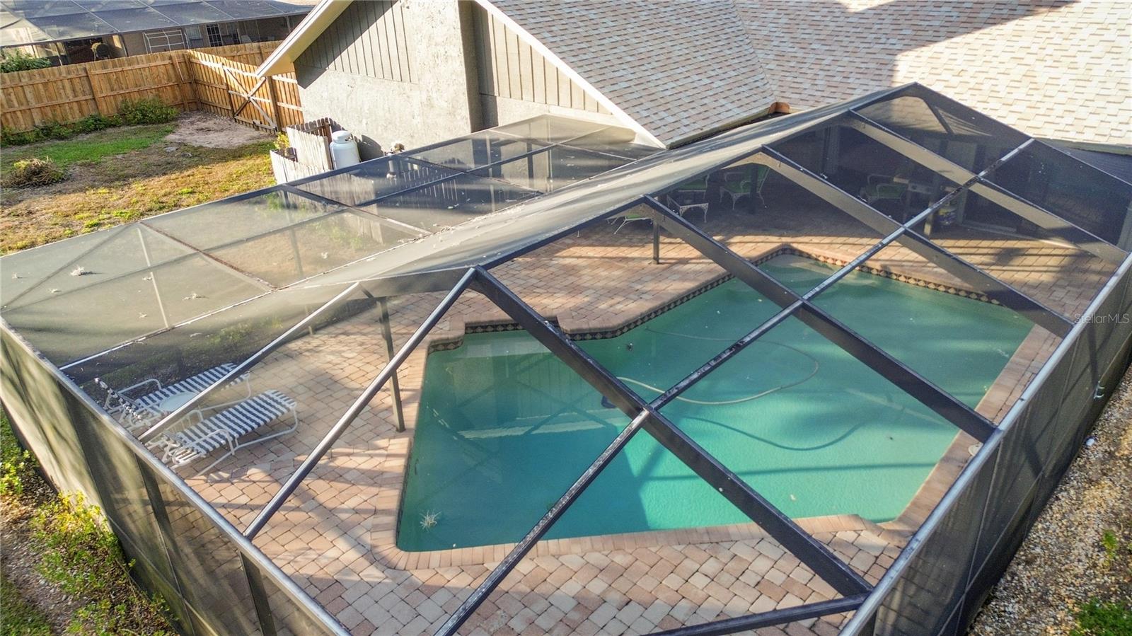 Fully caged pool with plenty of of space to move around.