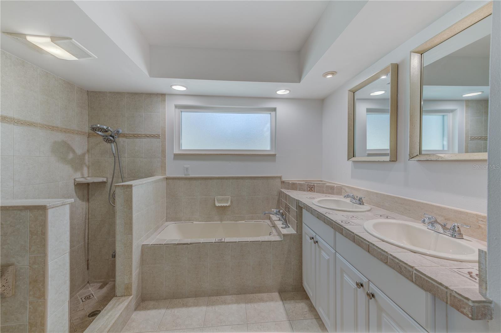 LARGE BATHROOM WITH DOUBLE VANITY, LARGE SOAKING TUB, AND SHOWER