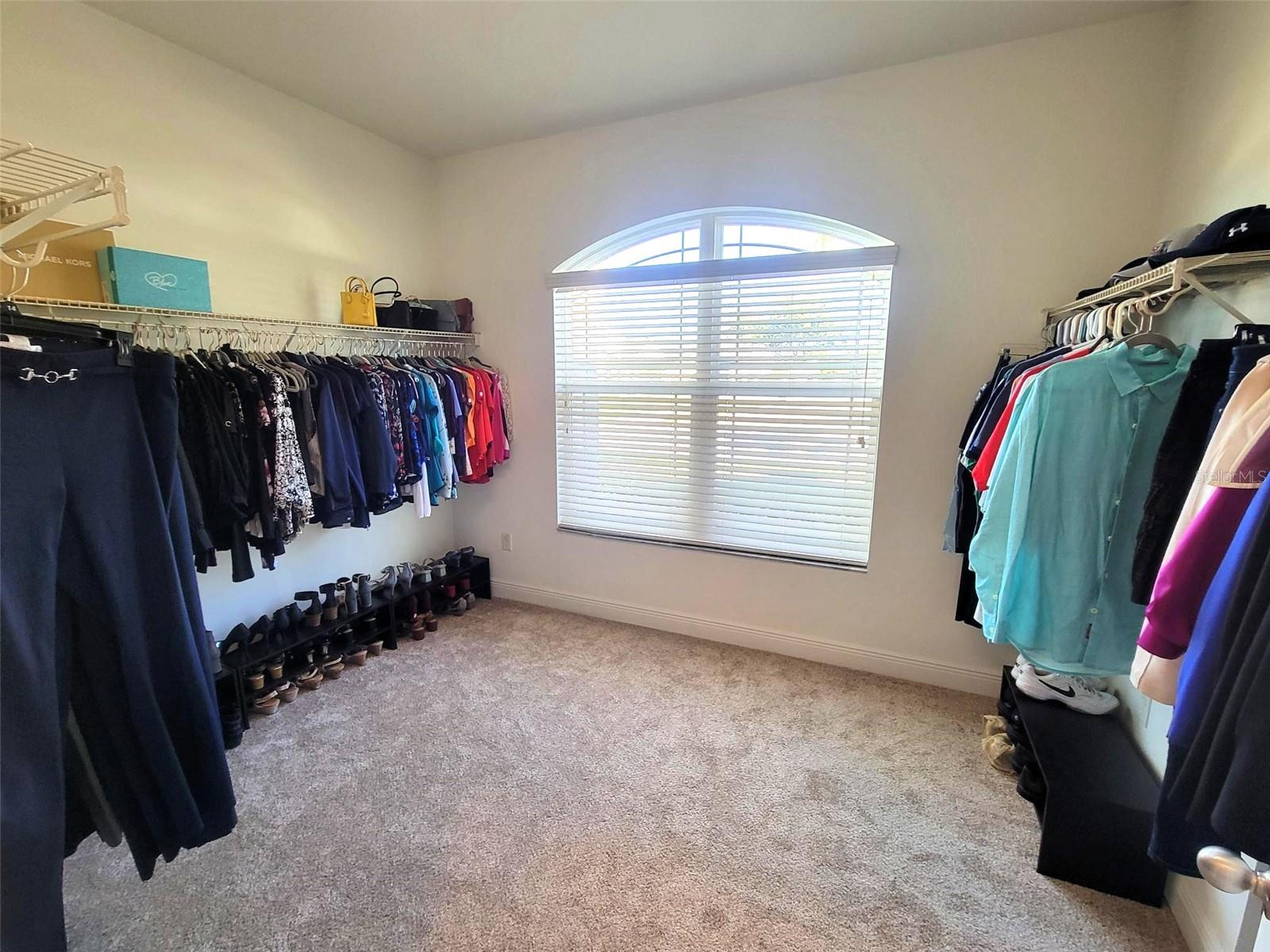 Spacious primary walk-in closet featuring dual hanging areas, ample shelving, plush carpeting, and a window that brings in natural light—perfect for organized storage and easy dressing.