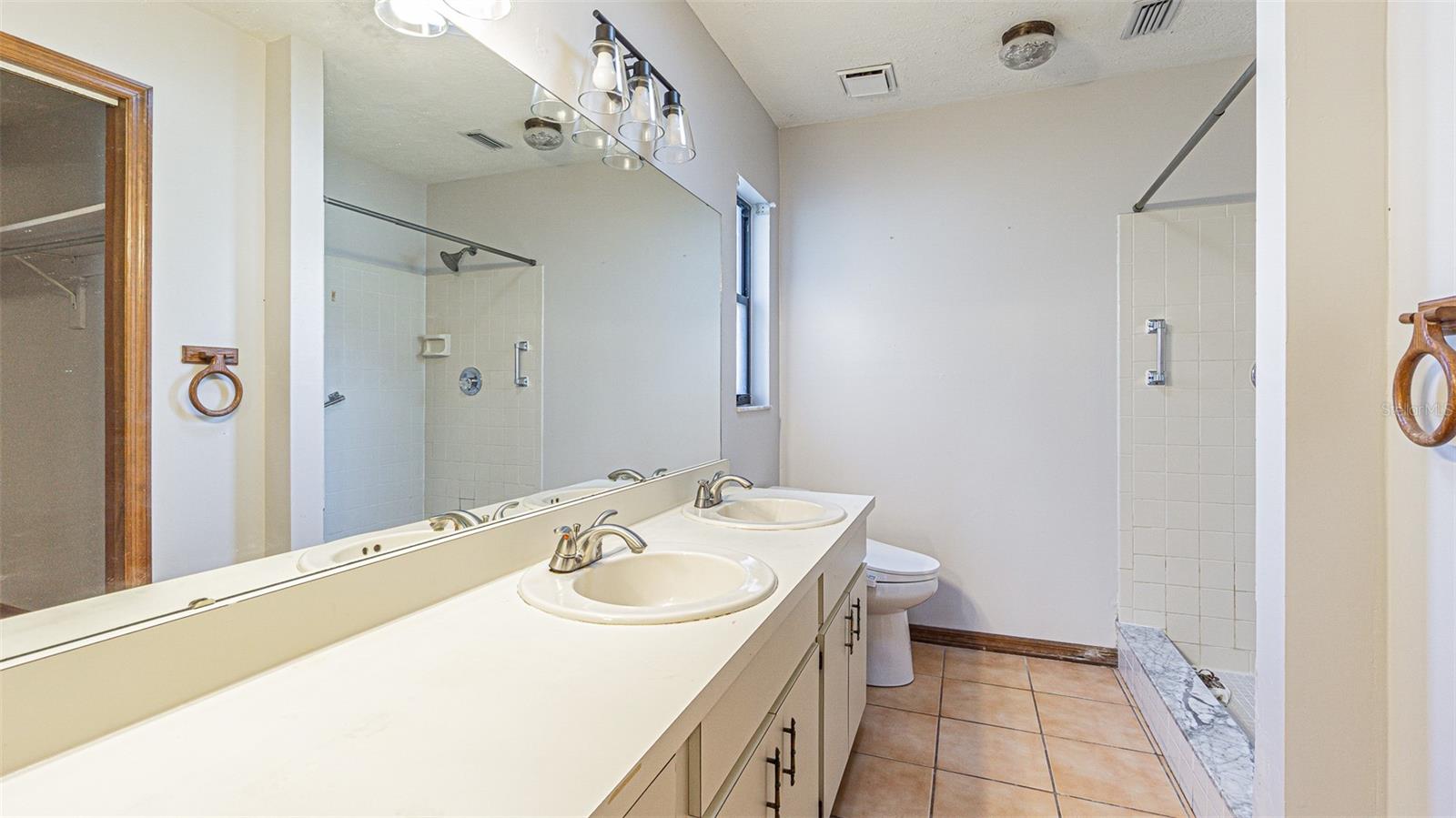 Primary bathroom with dual sinks PLUS vanity space