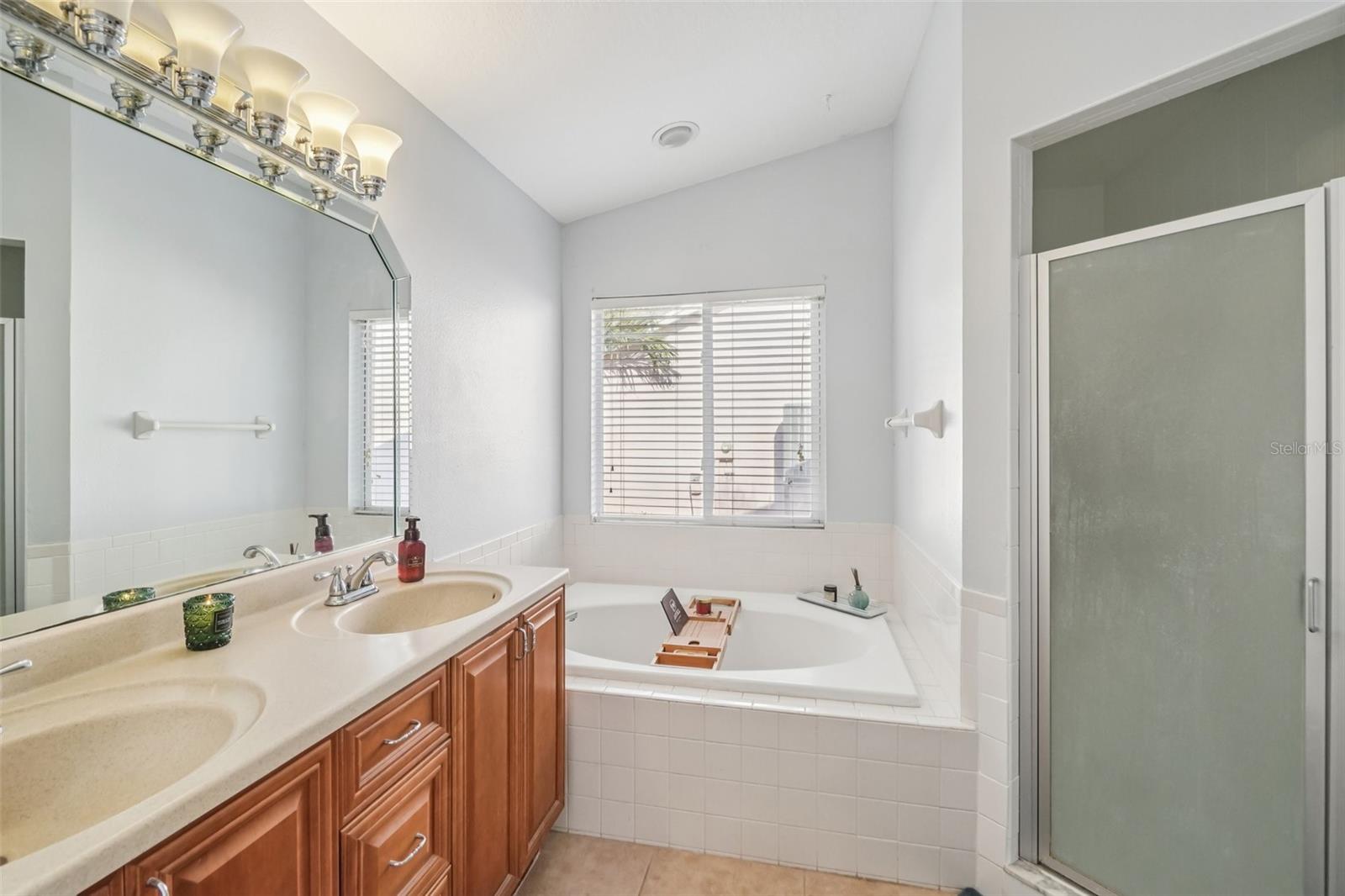 Primary En Suite Bath – Tub & Shower ViewAlternate view of the primary en suite bath showcasing the soaking tub, separate walk-in shower, neutral finishes, and bright, airy design for a spa-like feel.