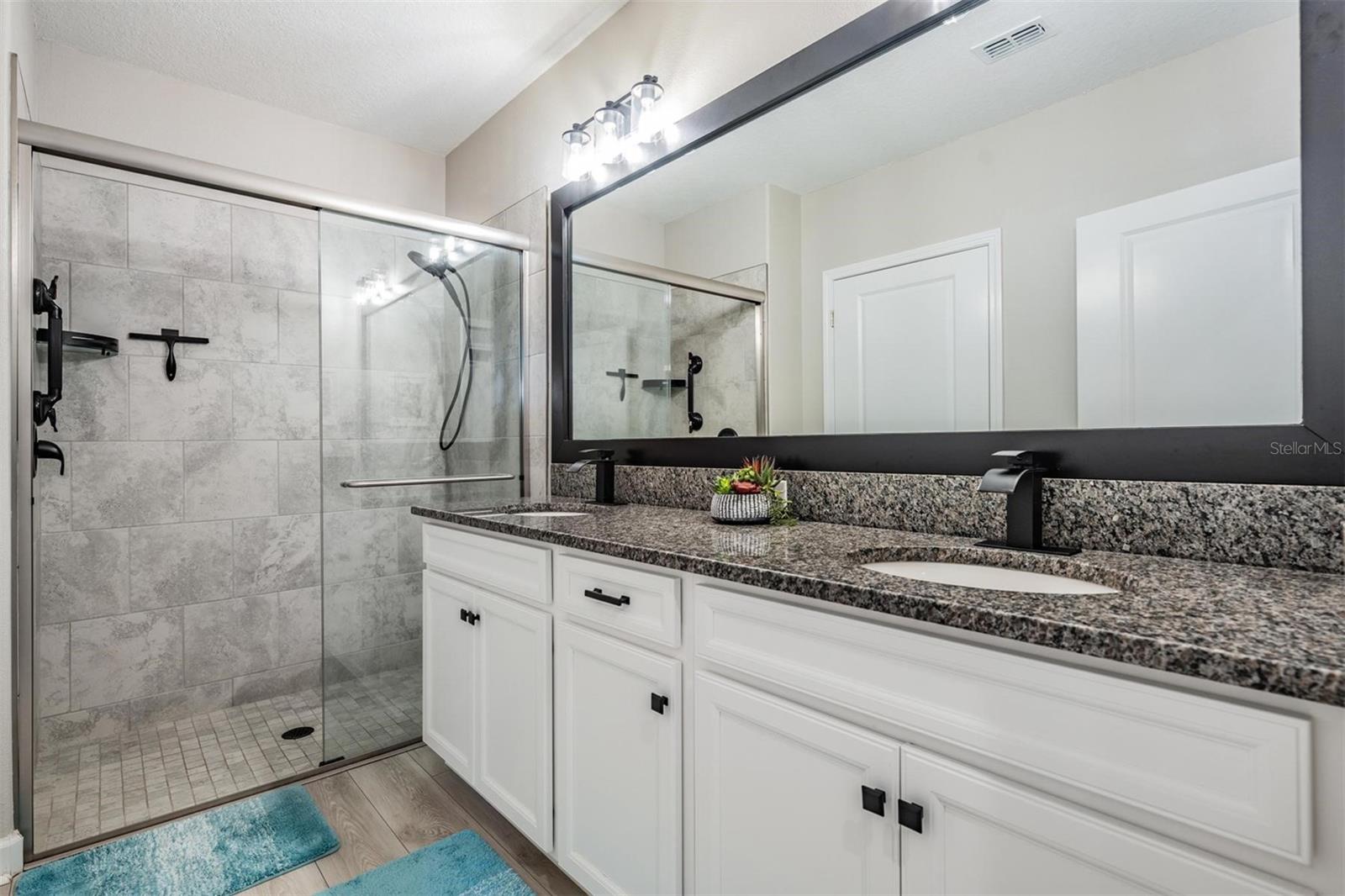 Dual sinks, walk-in shower new hardware & trim for mirror