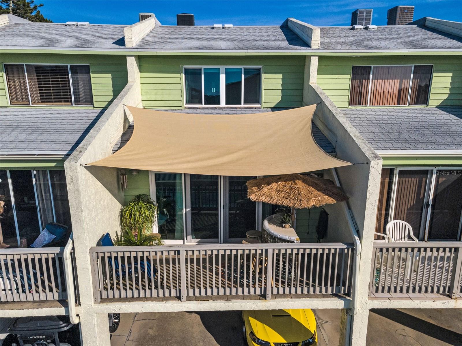 Aerial photo of the large balcony overlooking the pool