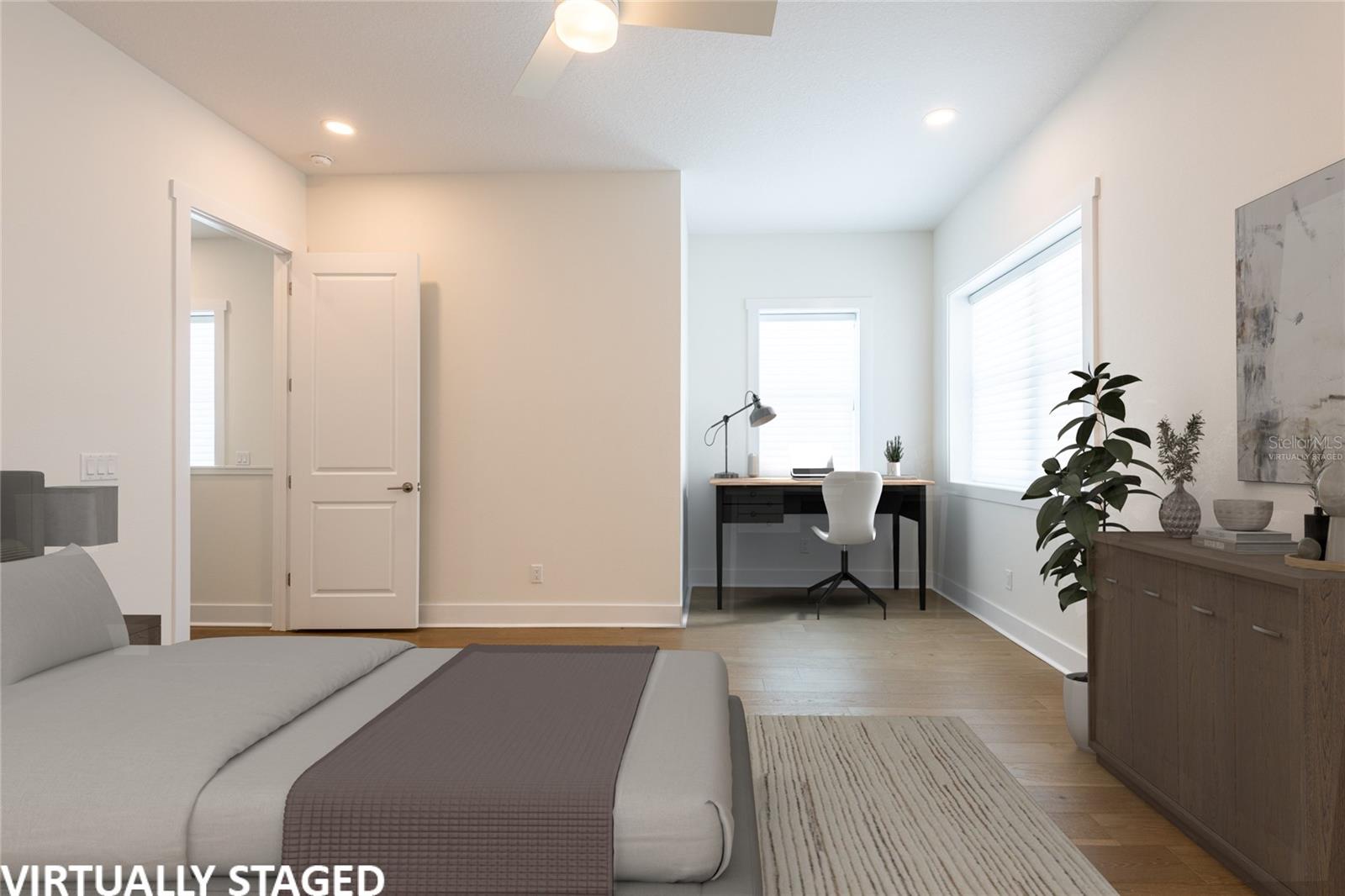 Virtually staged primary bedroom
