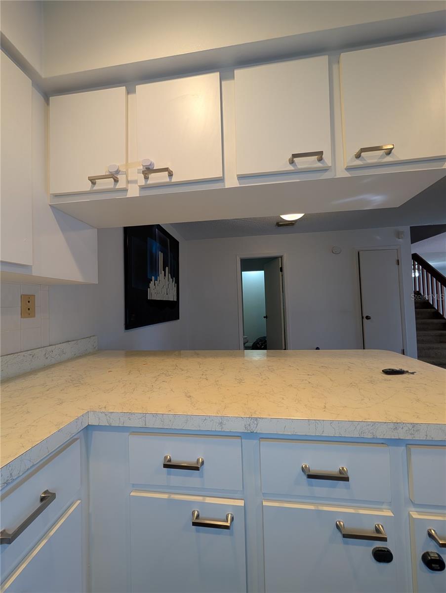 Kitchen counter / cabinets looking to dining area