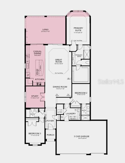 Floor Plan -  Additional Highlights Include: Tray ceiling at primary suite/great room/foyer, casual dining extension, 3-car garage, gourmet kitchen, 8' interior doors, bay window at primary suite, extended covered outdoor living, study with French doors in place of flex, and outdoor kitchen rough-in