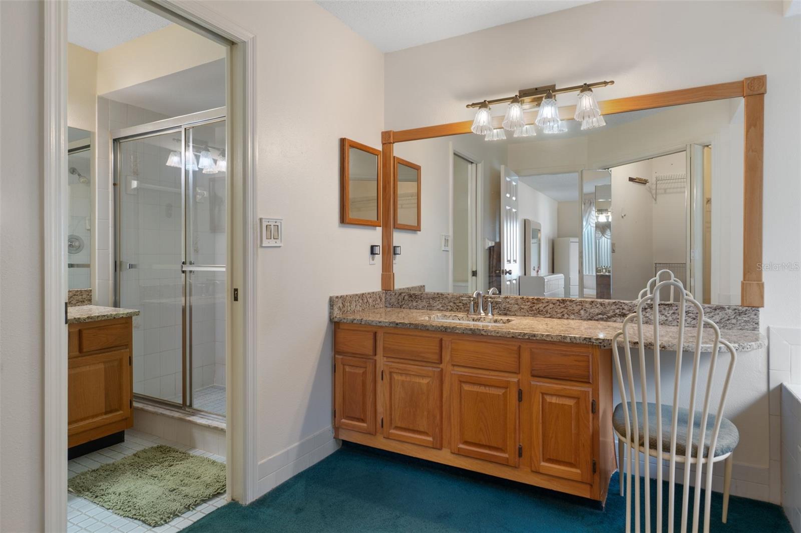 Separated by a pocket door is another bath area with a toilet, walk-in shower and second vanity.