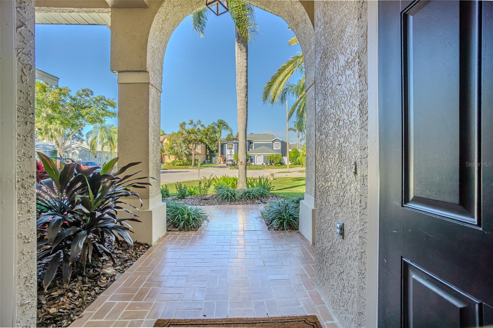 View of arched entry from front door with Tropical landscape!
