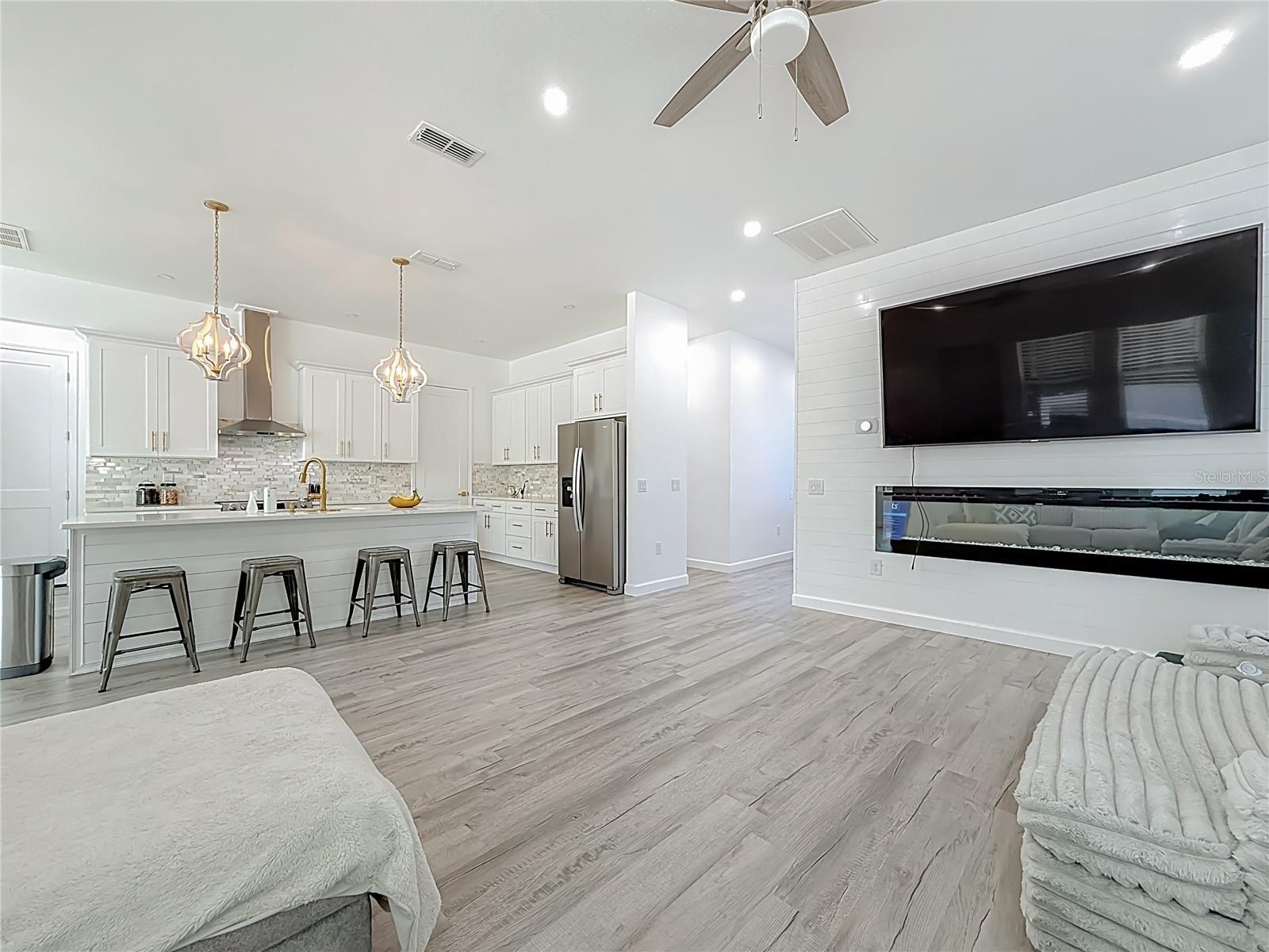 Built in, modern fireplace element.