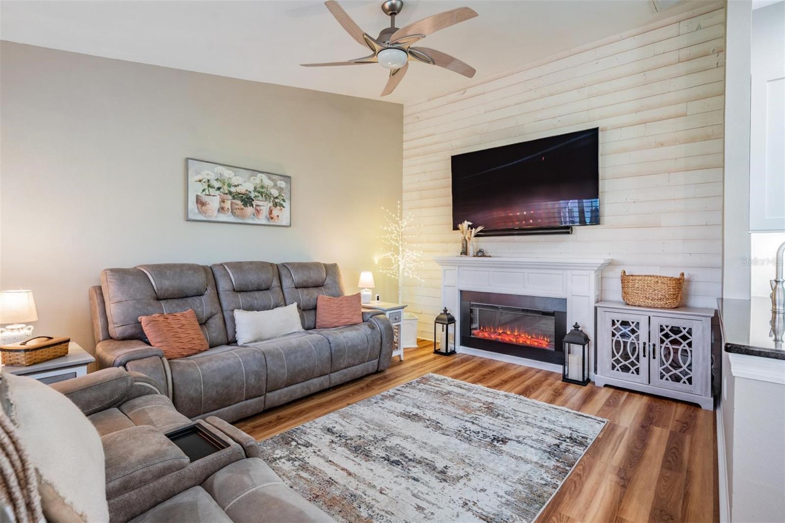 Sought-after family room with shiplap element
