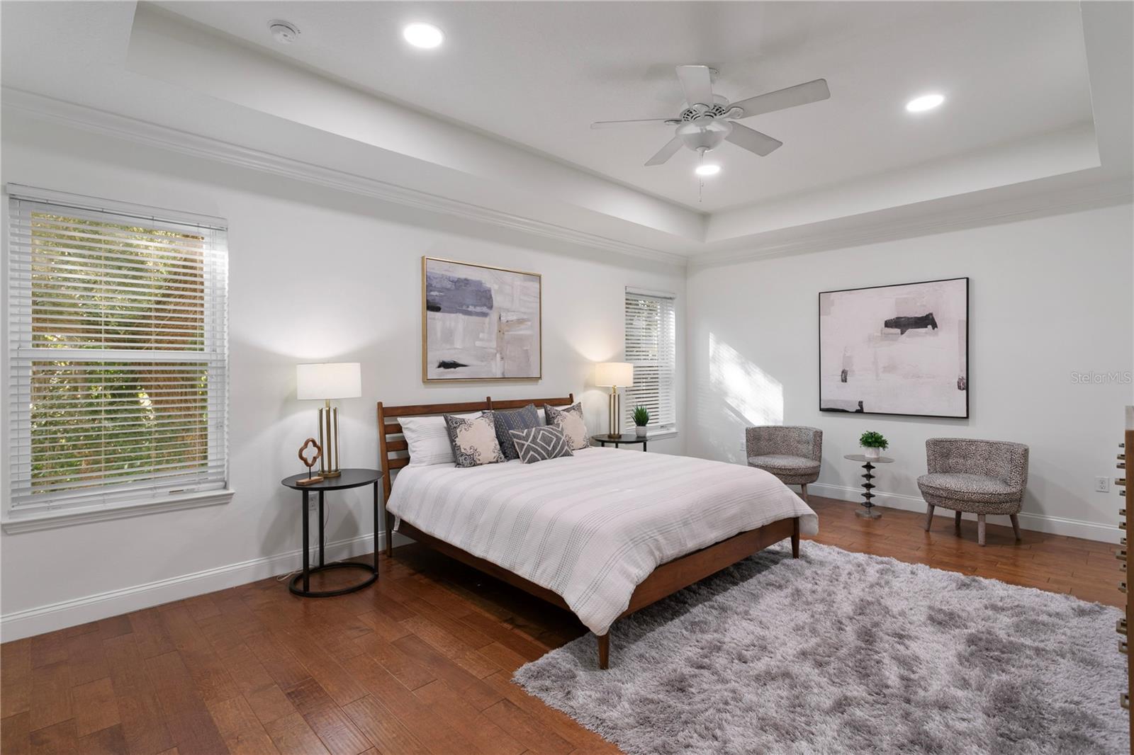 The generous primary suite is a true retreat, complete with tray ceiling, crown molding, and a massive 14' x 5' walk-in closet.
