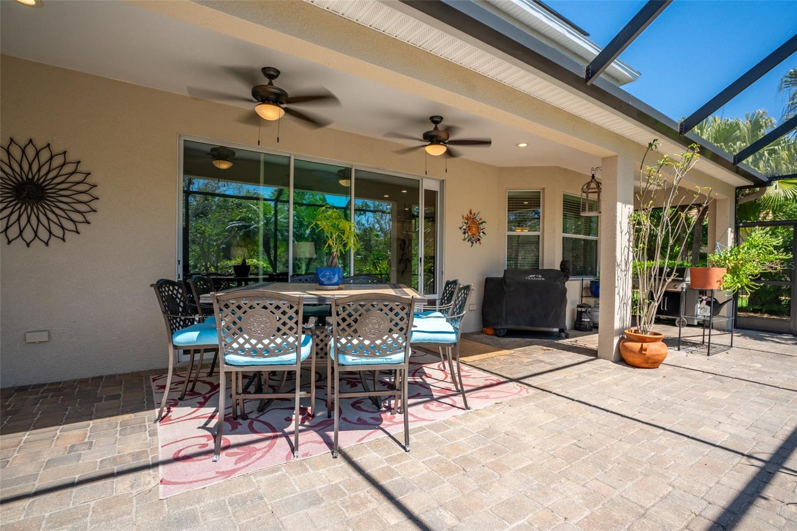 2 ceiling fans/lights for circulating air and night time meals/fun.