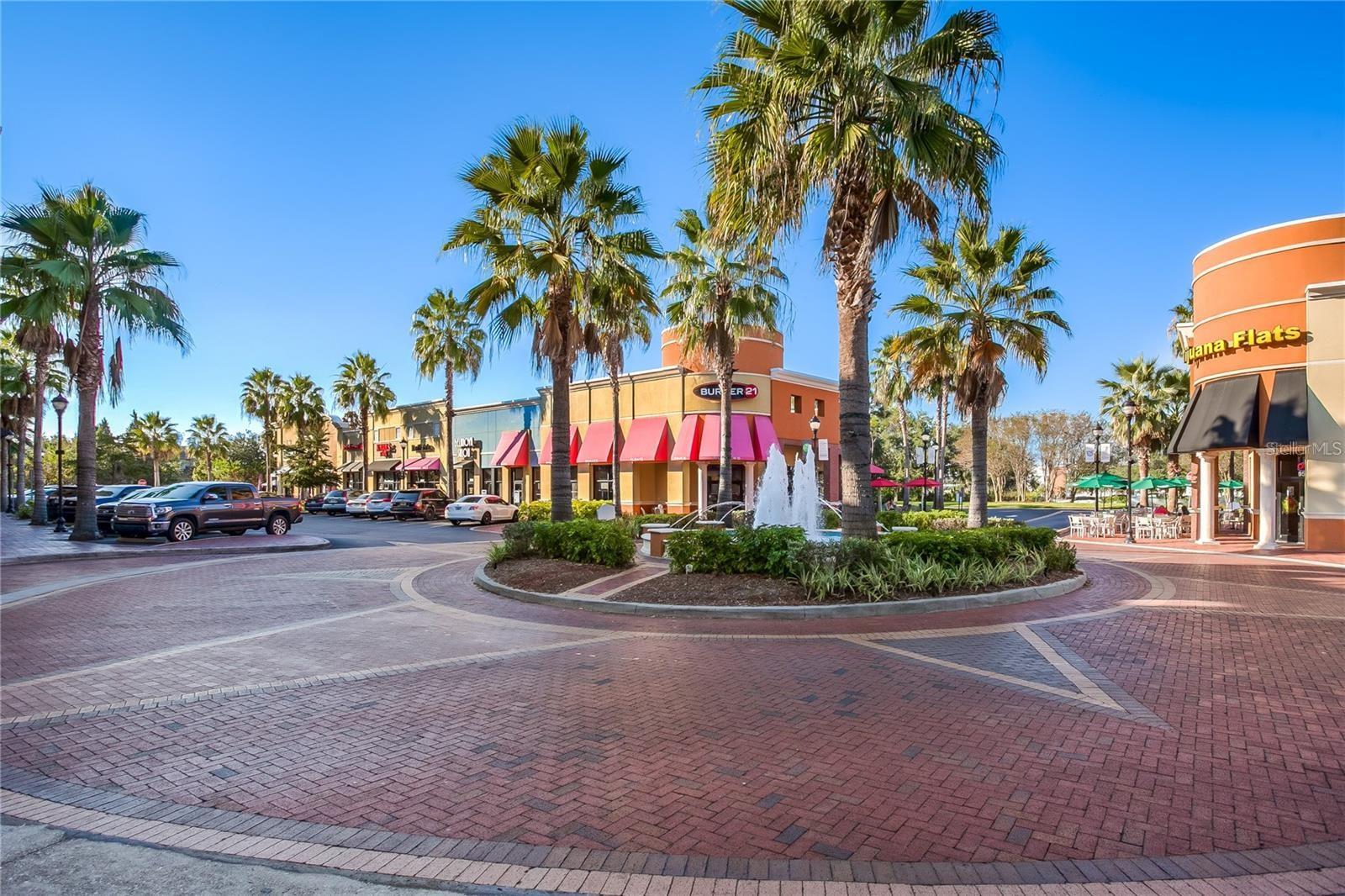 Town center offers shopping and dining.