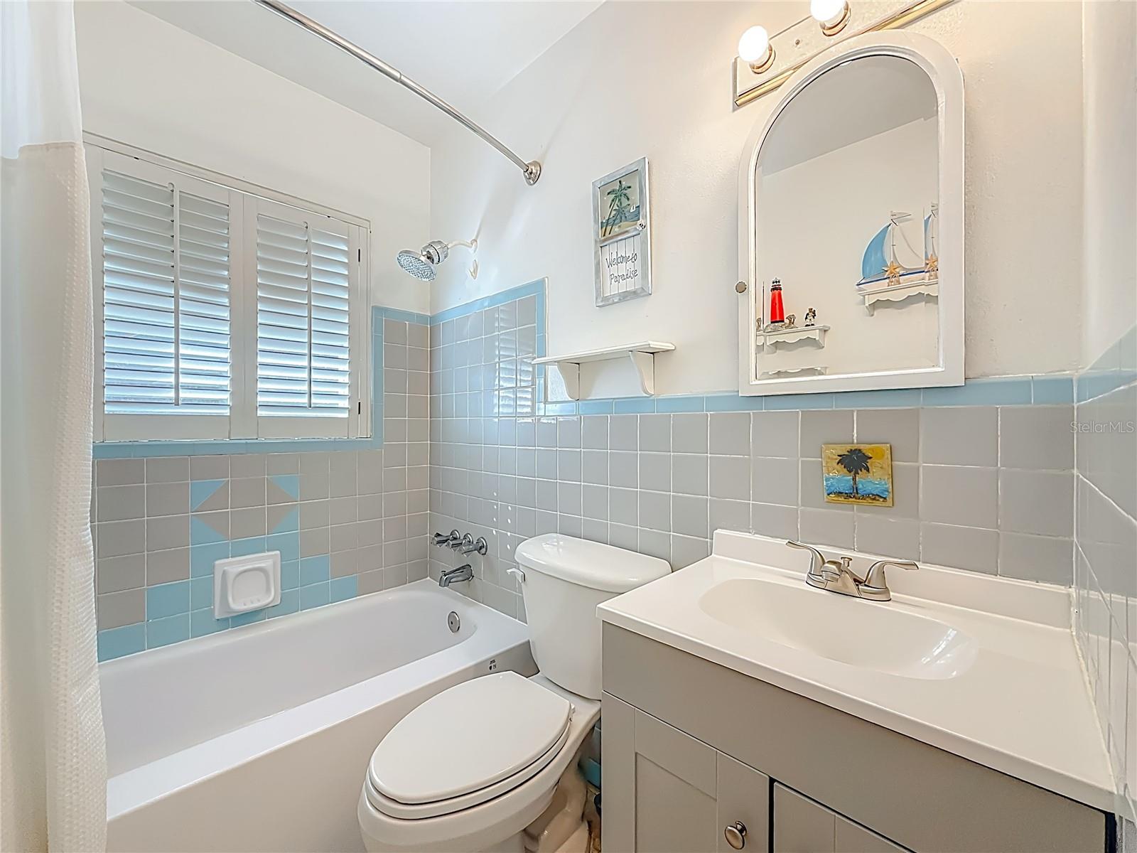 Notice the newer vanity and the detail in the tiles in the bathroom