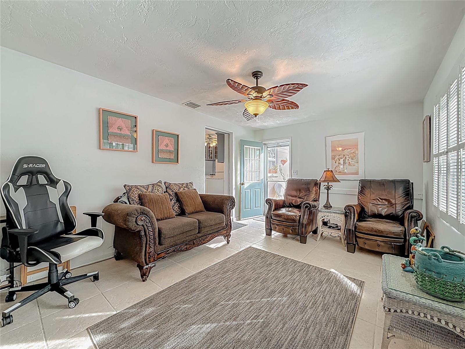 The family room leads out to the backyard.