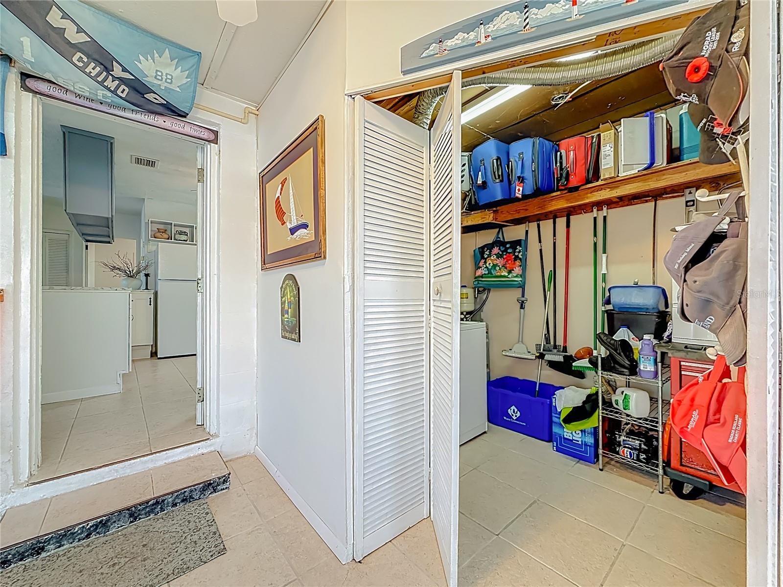 There is a closet in the enclosed porch area that offers storage space plus has the washer and dryer in it.