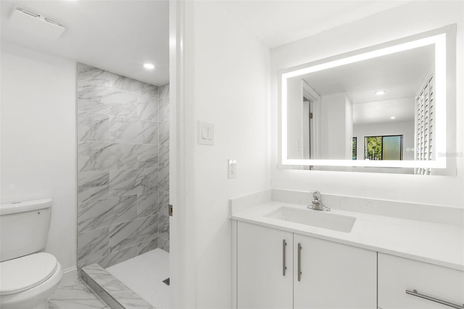 Fully upgraded primary bath with separated vanity area