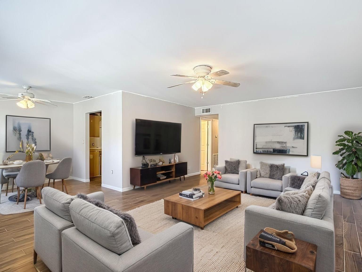 Staged living room dining room combo