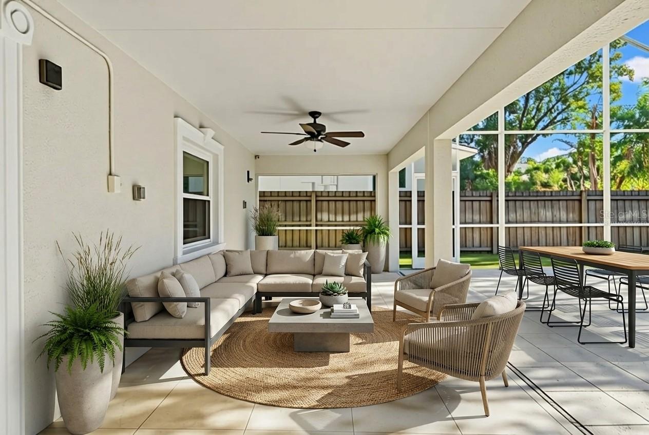 Large covered lanai virtually staged