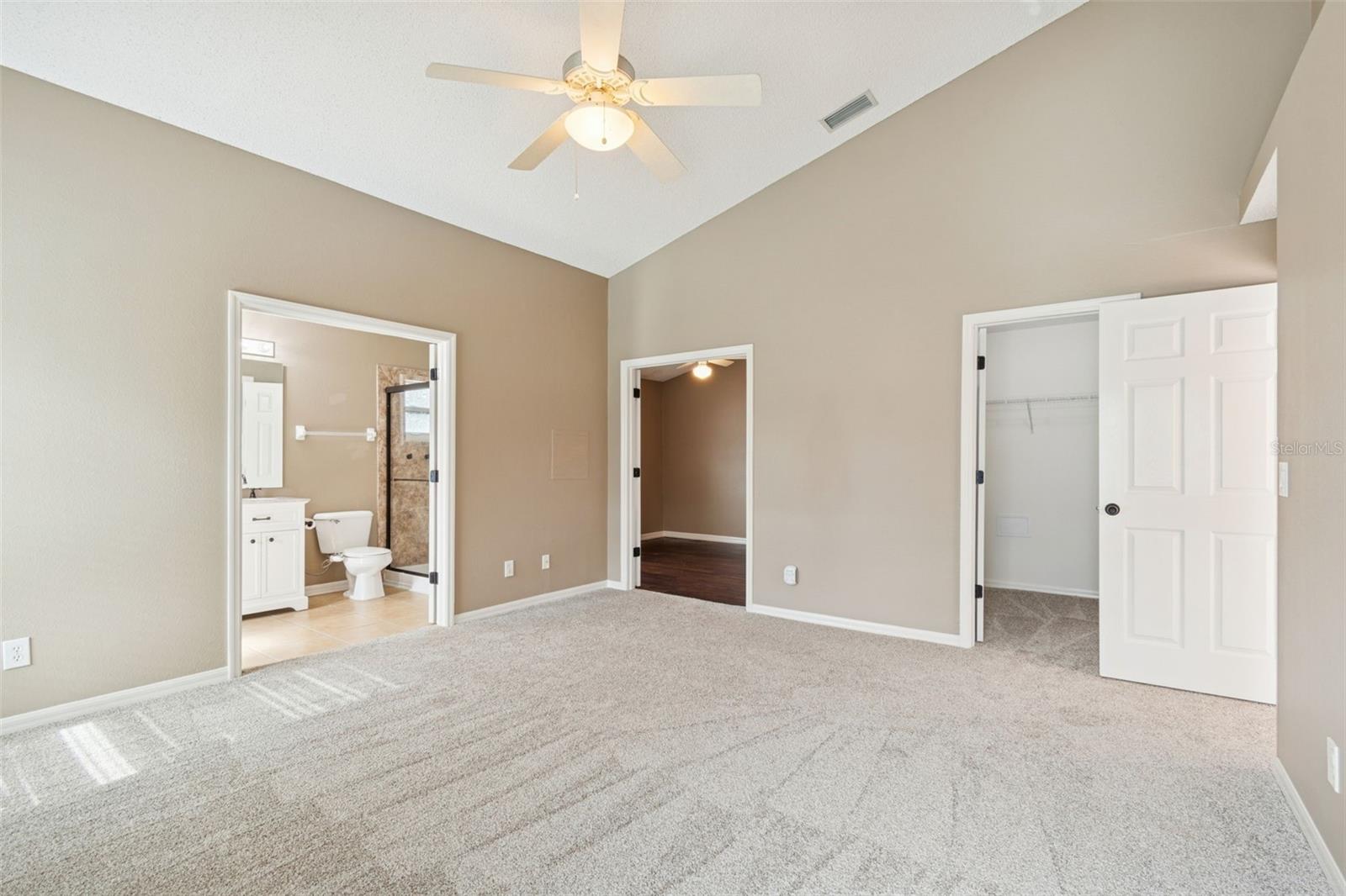 Primary en suite with bathroom to the left, passage to guest bedroom #1 and walk-in closet to the right)